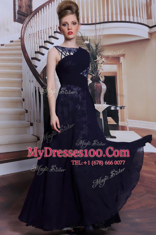 Custom Fit Navy Blue Bateau Side Zipper Lace Prom Gown Sleeveless