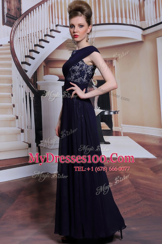 Custom Fit Navy Blue Bateau Side Zipper Lace Prom Gown Sleeveless