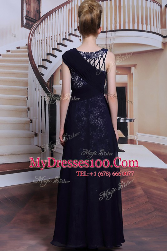 Custom Fit Navy Blue Bateau Side Zipper Lace Prom Gown Sleeveless