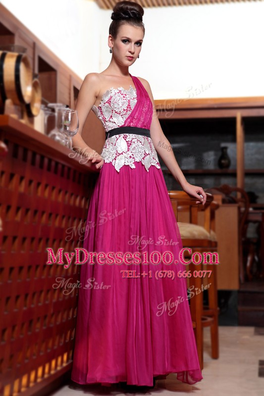 Custom Design Fuchsia One Shoulder Neckline Beading and Appliques and Ruching Mother Of The Bride Dress Sleeveless Side Zipper
