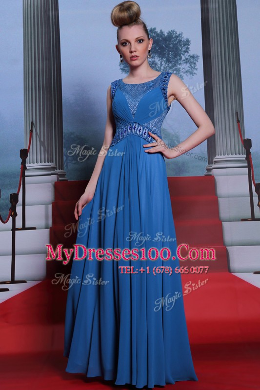 Popular Blue Column/Sheath Chiffon Scoop Sleeveless Beading and Ruching Floor Length Side Zipper Prom Evening Gown