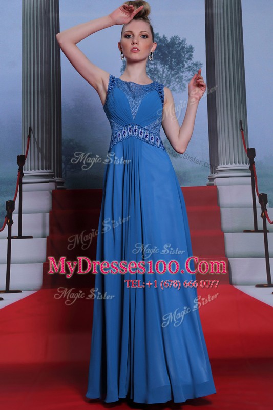 Popular Blue Column/Sheath Chiffon Scoop Sleeveless Beading and Ruching Floor Length Side Zipper Prom Evening Gown