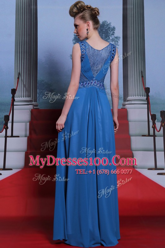 Popular Blue Column/Sheath Chiffon Scoop Sleeveless Beading and Ruching Floor Length Side Zipper Prom Evening Gown