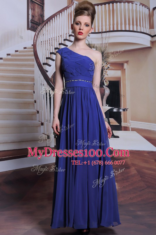 Royal Blue Mother Of The Bride Dress Prom and Party and For with Beading and Pleated One Shoulder Sleeveless Side Zipper