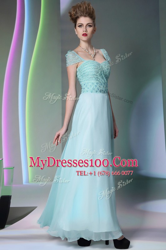 Light Blue Chiffon Side Zipper Evening Party Dresses Cap Sleeves Floor Length Beading and Lace