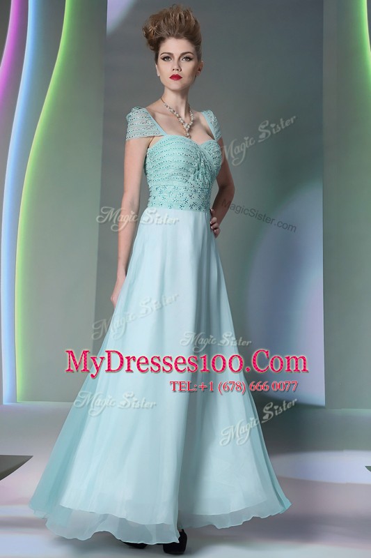 Light Blue Chiffon Side Zipper Evening Party Dresses Cap Sleeves Floor Length Beading and Lace