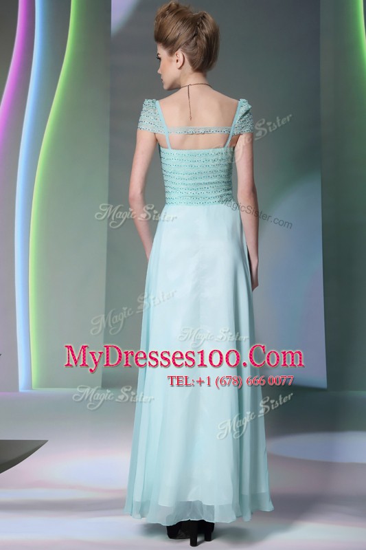 Light Blue Chiffon Side Zipper Evening Party Dresses Cap Sleeves Floor Length Beading and Lace