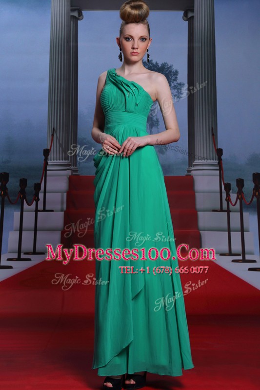 Chic One Shoulder Sleeveless Mother Of The Bride Dress Floor Length Beading and Ruching Turquoise Chiffon