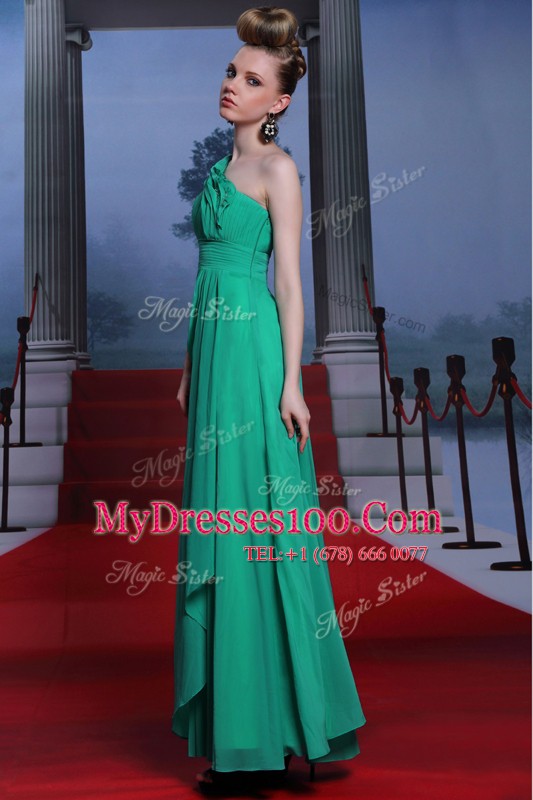 Chic One Shoulder Sleeveless Mother Of The Bride Dress Floor Length Beading and Ruching Turquoise Chiffon