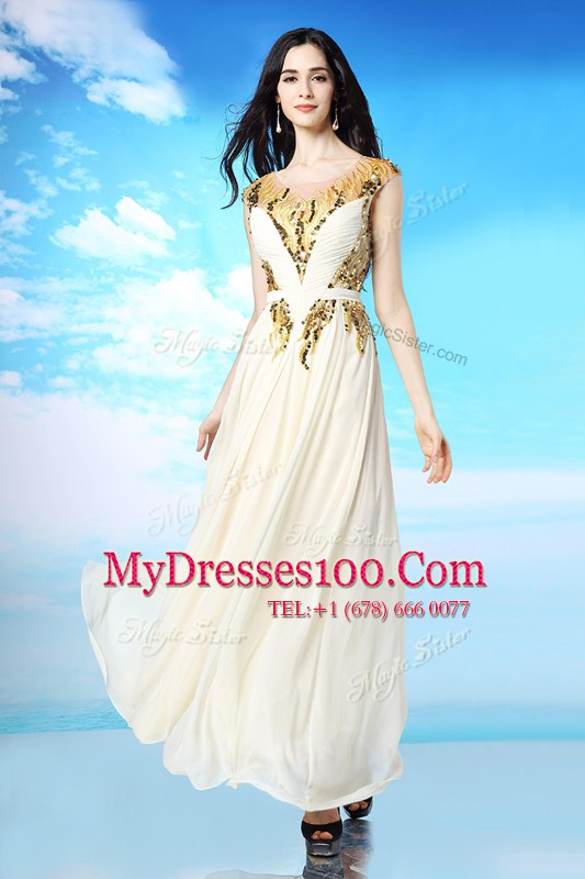 White Side Zipper Scoop Sequins and Ruching Chiffon Cap Sleeves