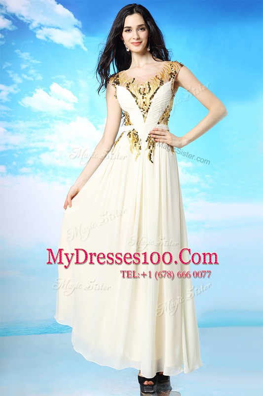 White Side Zipper Scoop Sequins and Ruching Chiffon Cap Sleeves