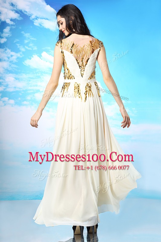 White Side Zipper Scoop Sequins and Ruching Chiffon Cap Sleeves
