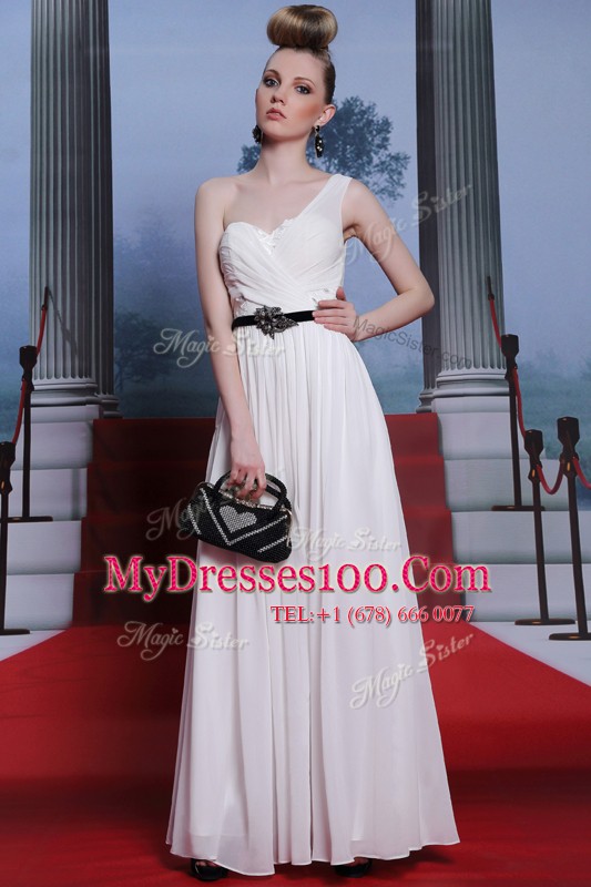 Fitting White Empire Chiffon Sweetheart Sleeveless Ruching and Belt Floor Length Side Zipper Junior Homecoming Dress
