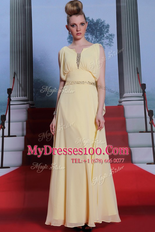 Scoop Beading Dress for Prom Light Yellow Side Zipper Sleeveless Floor Length