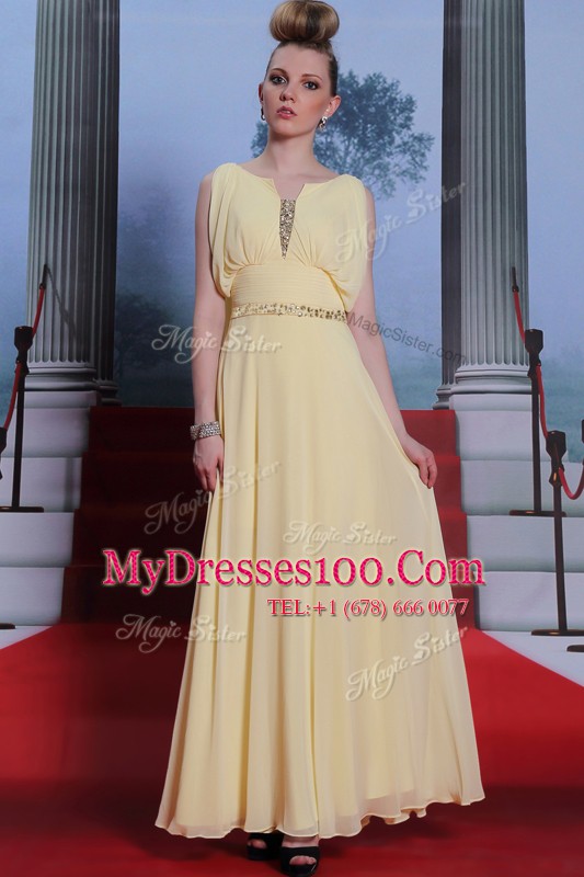 Scoop Beading Dress for Prom Light Yellow Side Zipper Sleeveless Floor Length