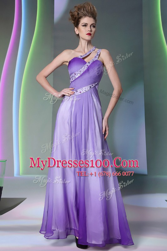Fashion Lavender One Shoulder Neckline Beading and Ruching Prom Party Dress Sleeveless Side Zipper