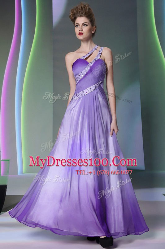 Fashion Lavender One Shoulder Neckline Beading and Ruching Prom Party Dress Sleeveless Side Zipper
