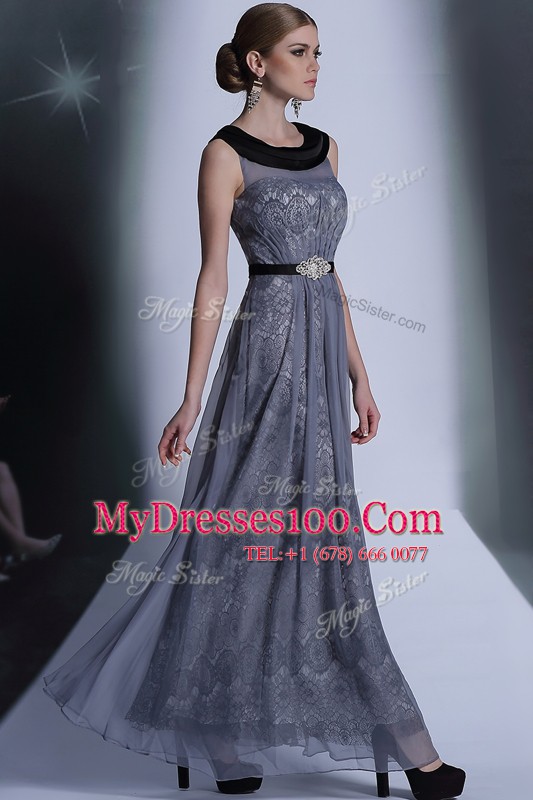 Scoop Sleeveless Side Zipper Prom Gown Grey Tulle