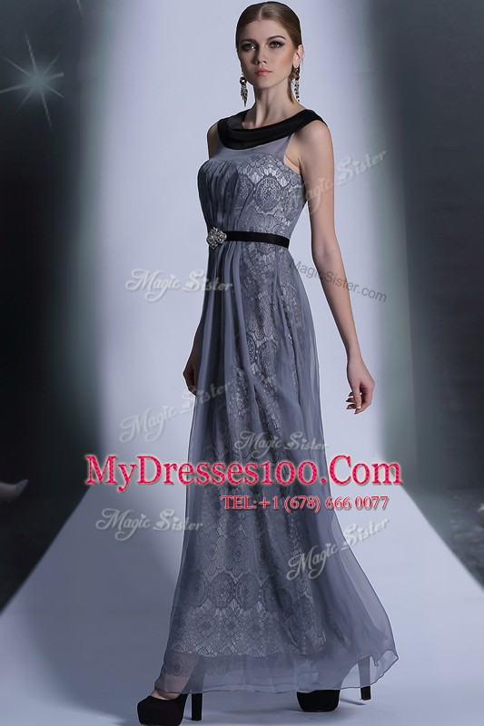 Scoop Sleeveless Side Zipper Prom Gown Grey Tulle