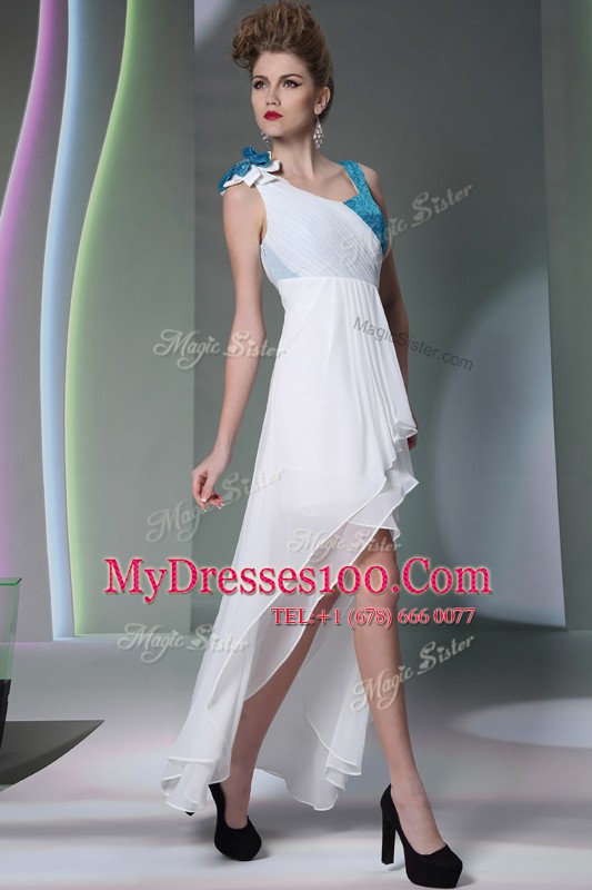 Discount White Sleeveless Ruffled Layers and Sequins and Hand Made Flower High Low Prom Gown