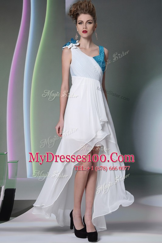 Discount White Sleeveless Ruffled Layers and Sequins and Hand Made Flower High Low Prom Gown