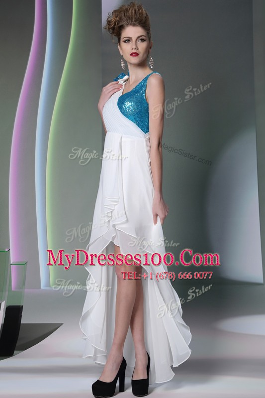 Discount White Sleeveless Ruffled Layers and Sequins and Hand Made Flower High Low Prom Gown