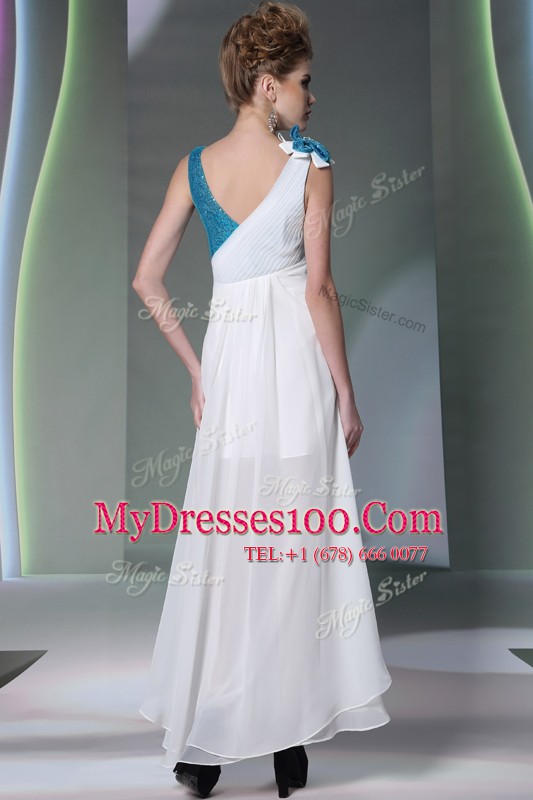 Discount White Sleeveless Ruffled Layers and Sequins and Hand Made Flower High Low Prom Gown