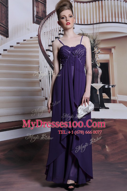 Purple Empire Chiffon Spaghetti Straps Sleeveless Beading Floor Length Side Zipper Prom Evening Gown