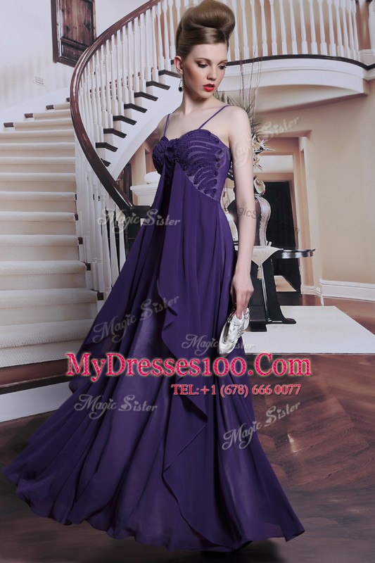 Purple Empire Chiffon Spaghetti Straps Sleeveless Beading Floor Length Side Zipper Prom Evening Gown