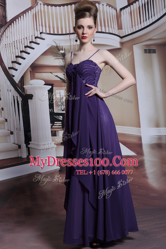 Purple Empire Chiffon Spaghetti Straps Sleeveless Beading Floor Length Side Zipper Prom Evening Gown