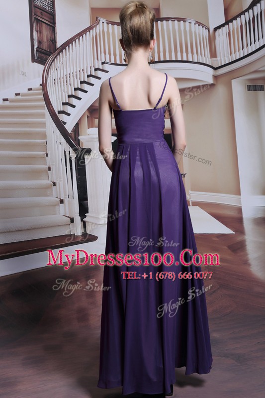 Purple Empire Chiffon Spaghetti Straps Sleeveless Beading Floor Length Side Zipper Prom Evening Gown