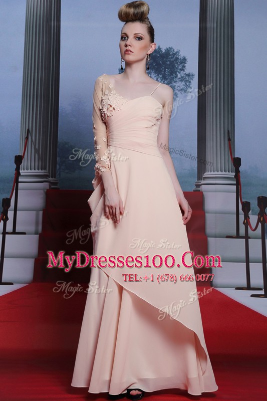 Flirting One Shoulder Floor Length Side Zipper Dress for Prom Baby Pink for Prom and Party with Appliques and Ruching