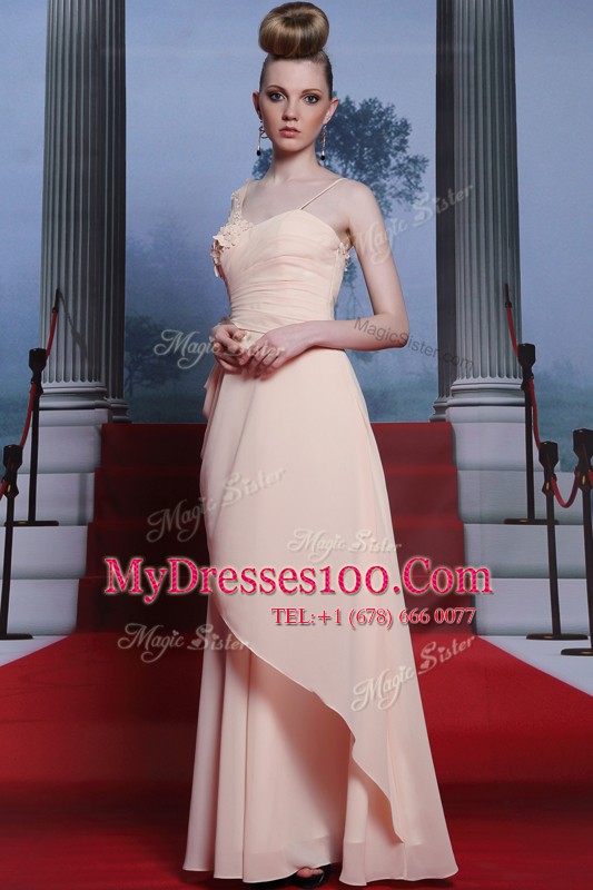 Flirting One Shoulder Floor Length Side Zipper Dress for Prom Baby Pink for Prom and Party with Appliques and Ruching
