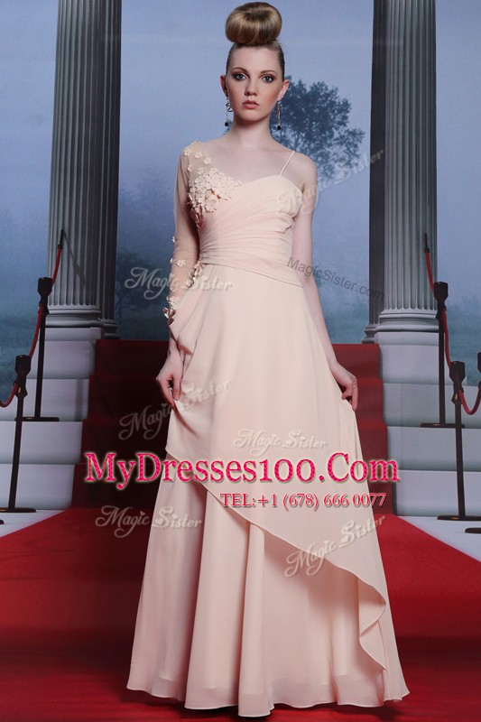 Flirting One Shoulder Floor Length Side Zipper Dress for Prom Baby Pink for Prom and Party with Appliques and Ruching