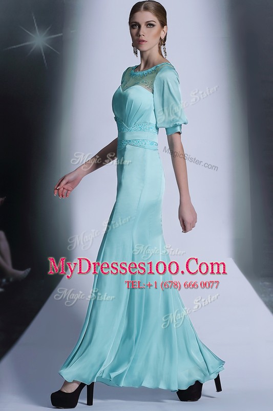 Pretty Aqua Blue Half Sleeves Sequins and Pleated Floor Length Mother Of The Bride Dress