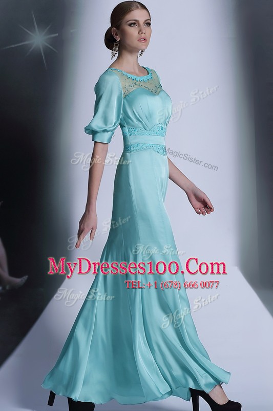 Pretty Aqua Blue Half Sleeves Sequins and Pleated Floor Length Mother Of The Bride Dress