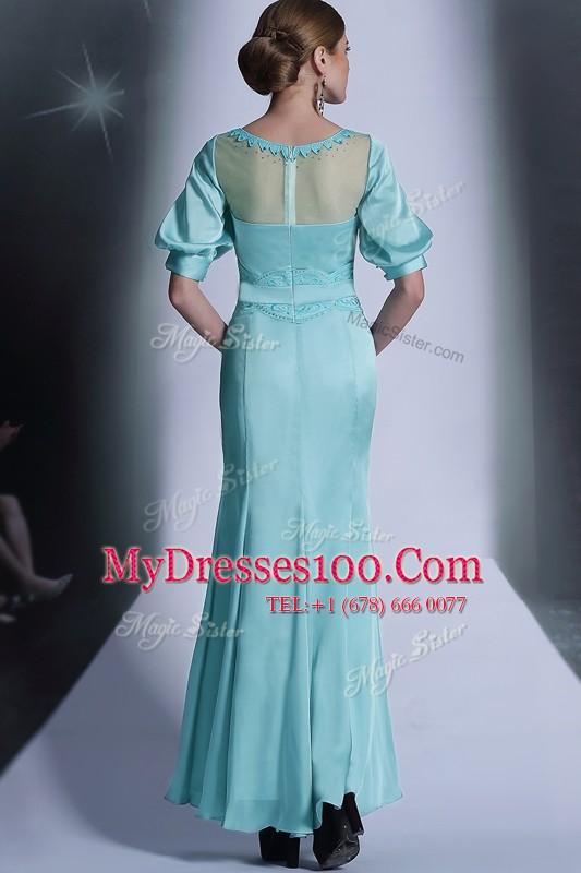 Pretty Aqua Blue Half Sleeves Sequins and Pleated Floor Length Mother Of The Bride Dress