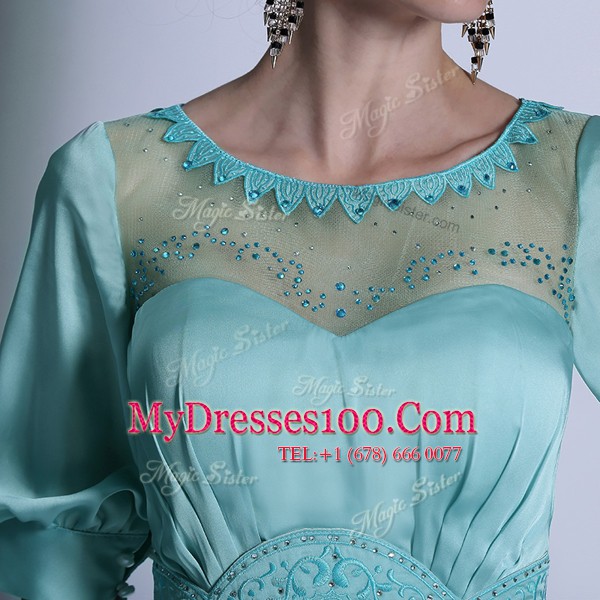 Pretty Aqua Blue Half Sleeves Sequins and Pleated Floor Length Mother Of The Bride Dress