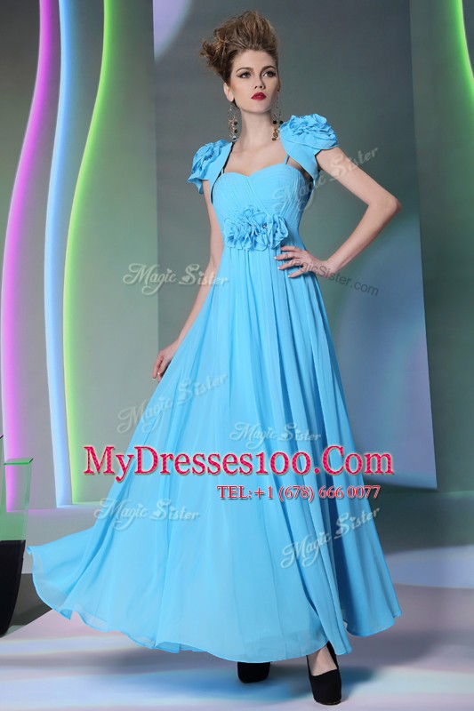 Super Baby Blue Zipper Sweetheart Beading and Hand Made Flower Prom Dresses Chiffon Cap Sleeves