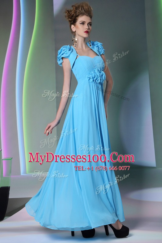 Super Baby Blue Zipper Sweetheart Beading and Hand Made Flower Prom Dresses Chiffon Cap Sleeves