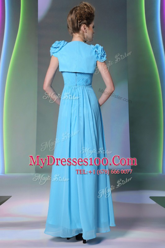 Super Baby Blue Zipper Sweetheart Beading and Hand Made Flower Prom Dresses Chiffon Cap Sleeves