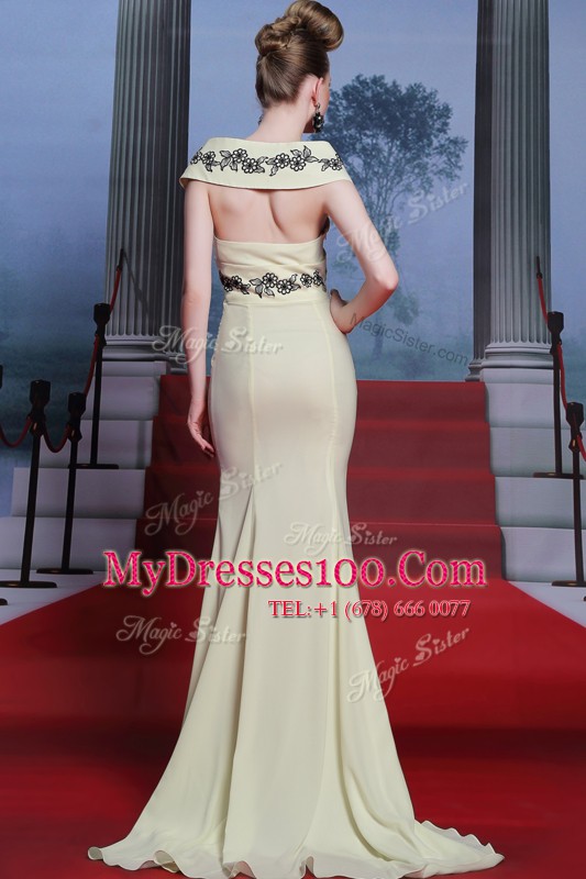 Lovely Brush Train Mermaid Light Yellow V-neck Chiffon Cap Sleeves With Train Side Zipper