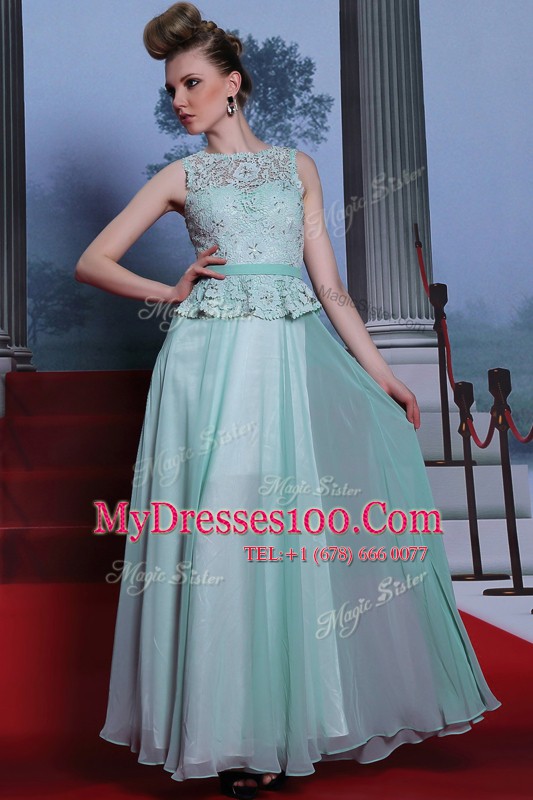 Extravagant Scoop Floor Length Light Blue Chiffon Sleeveless Lace and Belt