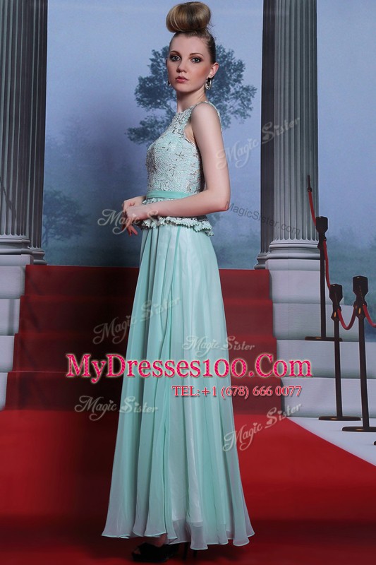 Extravagant Scoop Floor Length Light Blue Chiffon Sleeveless Lace and Belt