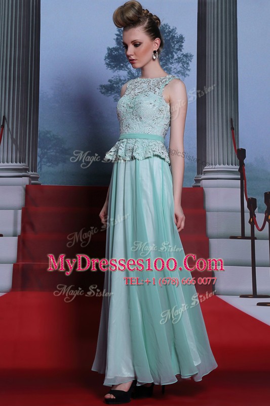 Extravagant Scoop Floor Length Light Blue Chiffon Sleeveless Lace and Belt