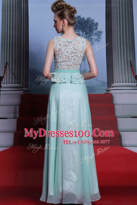 Extravagant Scoop Floor Length Light Blue Chiffon Sleeveless Lace and Belt