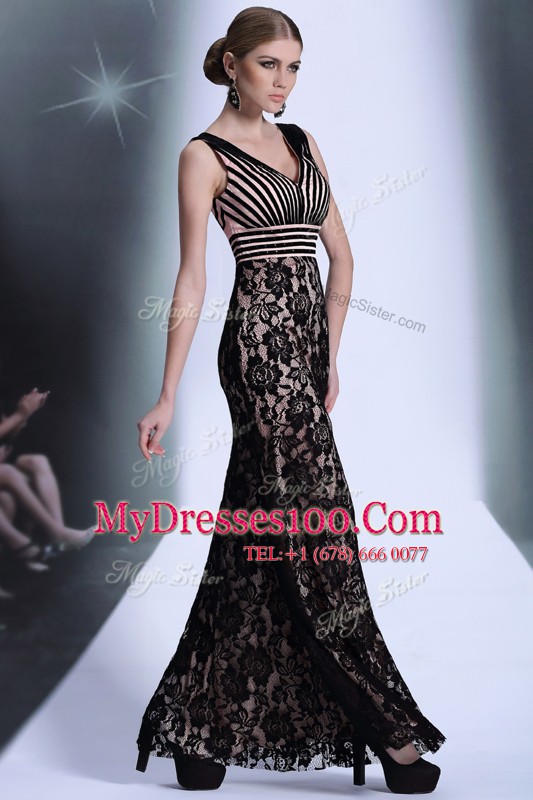 V-neck Sleeveless Prom Dress Floor Length Lace and Belt Black Chiffon and Lace