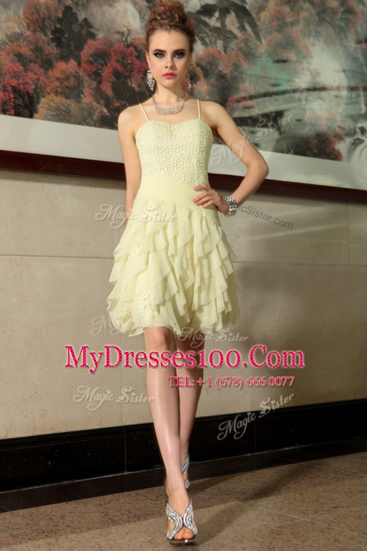 Deluxe Ruffled Empire Club Wear Light Yellow Spaghetti Straps Chiffon Sleeveless Mini Length Side Zipper