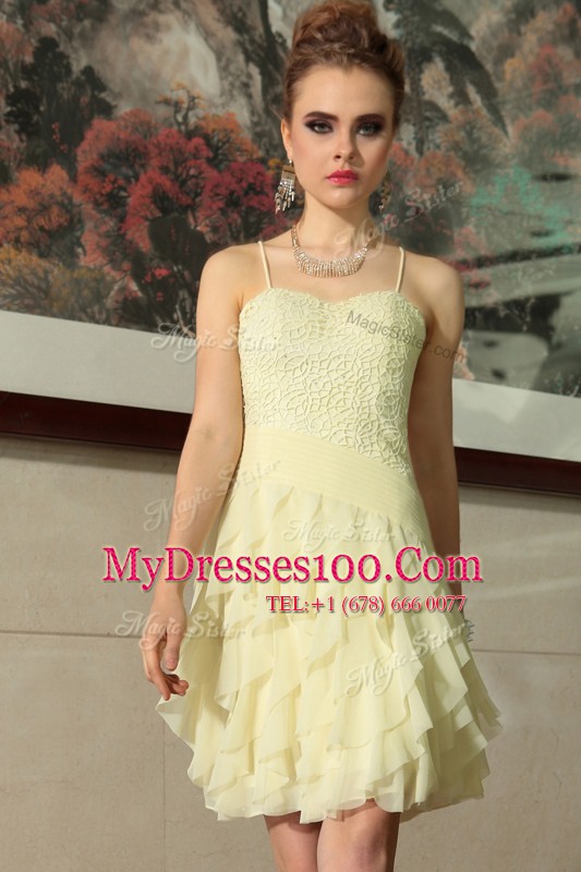 Deluxe Ruffled Empire Club Wear Light Yellow Spaghetti Straps Chiffon Sleeveless Mini Length Side Zipper