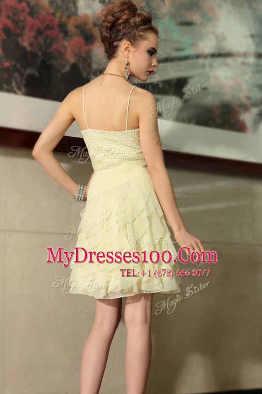Deluxe Ruffled Empire Club Wear Light Yellow Spaghetti Straps Chiffon Sleeveless Mini Length Side Zipper